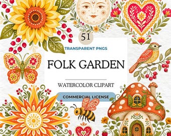 Folk Garden Clipart Bundle, Watercolor Clipart, Whimsical Boho Digital Art, Mushroom House, Butterfly, Berry, Floral Clipart