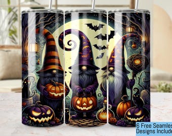 Halloween Gnomes Tumbler Wrap: Spooky Pumpkins, Bats (20oz PNG Digital Download)