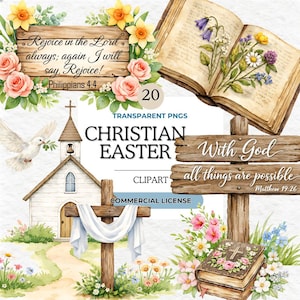 Puede incluir: Una colección de imágenes prediseñadas de Pascua cristiana que incluye un libro abierto con flores, un letrero de madera con Filipenses 4:4, una iglesia blanca, una cruz con una tela blanca, una paloma y un letrero con Mateo 19:26.
