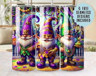 Mardi Gras Gnomes Seamless 20oz Tumbler Wrap PNG 300 DPI, Carnival, Celebration, Cute Gnomes, Party Tumbler, Beads, Mask, Instant Download