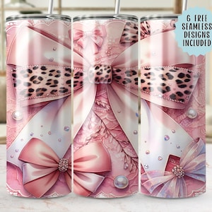 Tumbler wrap met roze strik en luipaardprint: naadloos 20oz png-ontwerp (digitale download)