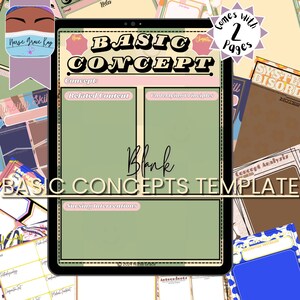 May include: A digital template for basic nursing concepts. The template has sections for the concept, related content, underlying principles, and nursing interventions. The template is on a tablet screen with a green background and pink accents. The text "BASIC CONCEPTS TEMPLATE" is at the bottom of the screen.
