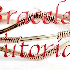 May include: A close-up of a wire-wrapped bracelet with the words "Bracelet Tutorial" in red script. The bracelet is made of gold and copper-coloured wire, with a geometric design.