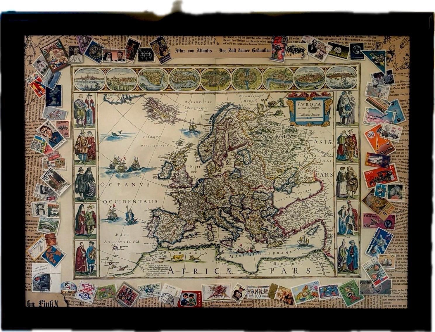 Atlas of Atlantis – Vintage Europe map with stamp collage | Mystical world map, unique, mixed media art on recycled paper