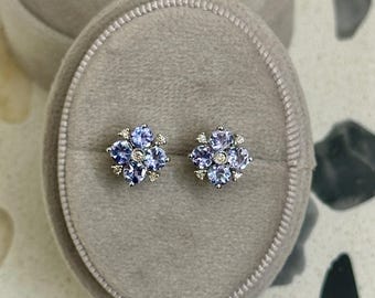 18K Solid Gold Tanzanite Diamond Clover Stud Earrings — AAA Quality — Birthday Gift for Her — Genuine Fine Jewelry — Etthea