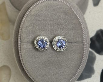 18K Solid Gold Tanzanite and Diamond Stud Earrings — AAA Quality — Wedding Gift — Genuine Fine Jewelry — Etthea