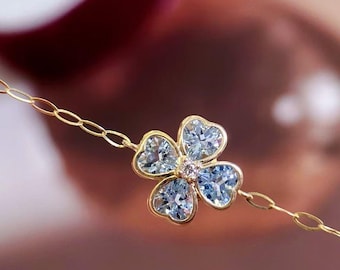 18K massief gouden aquamarijn diamanten armband, armband met echte klaver, verjaardagscadeau, huwelijkssieraden, jubileumcadeau