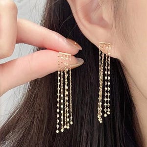 18K Solid Gold Tassel Drop Earrings — Delicate Quality — Birthday Gift — Genuine Fine Jewelry — Etthea image 1