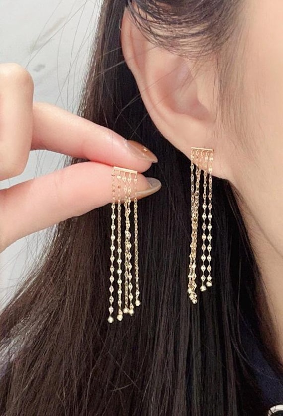 18K Solid Gold Tassel Drop Earrings — Delicate Quality — Birthday Gift — Genuine Fine Jewelry — Etthea