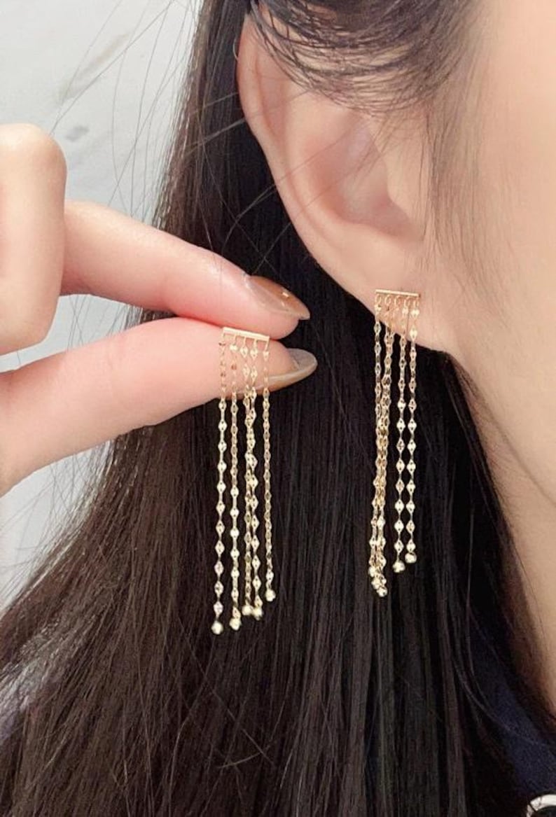 18K Solid Gold Tassel Drop Earrings — Delicate Quality — Birthday Gift — Genuine Fine Jewelry — Etthea image 1