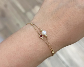 Vintage 18 kt gouden armband met echte robijn en zoetwaterparel - elegante gelaagde geelgouden sieraden - verjaardag huwelijkscadeau voor haar | 10009