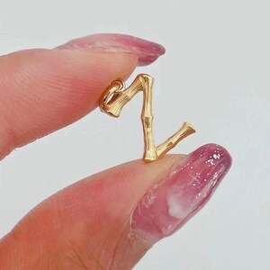 May include: Gold-toned letter Z charm with a bamboo-like design. The charm is held in a hand with pink nail polish.