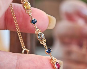 Vintage saffierarmband - 18 kt massief gouden echte regenboog saffier diamanten armband, kleurrijke edelsteensieraden, uniek cadeau voor verzamelaar