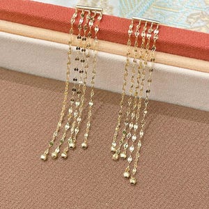 18K Solid Gold Tassel Drop Earrings — Delicate Quality — Birthday Gift — Genuine Fine Jewelry — Etthea image 3