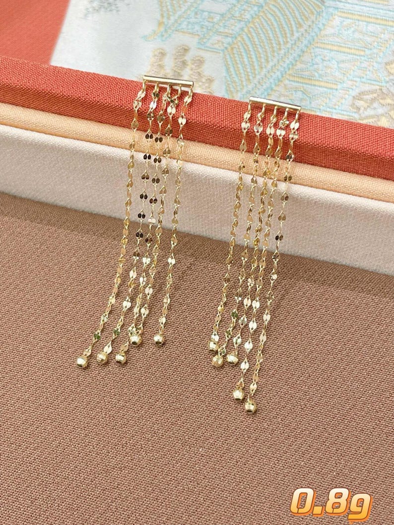 18K Solid Gold Tassel Drop Earrings — Delicate Quality — Birthday Gift — Genuine Fine Jewelry — Etthea image 3