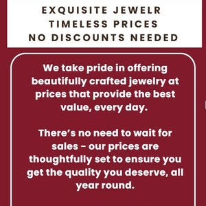 May include: A red background with white text that reads "Etthea Jewelry". The text below reads "Exquisite Jewelr Timeless Prices No Discounts Needed". The text continues with "We take pride in offering beautifully crafted jewellery at prices that provide the best value, every day. There's no need to wait for sales - our prices are thoughtfully set to ensure you get the quality you deserve, all year round. Thank you for supporting our shop, and we hope you find something special today!"