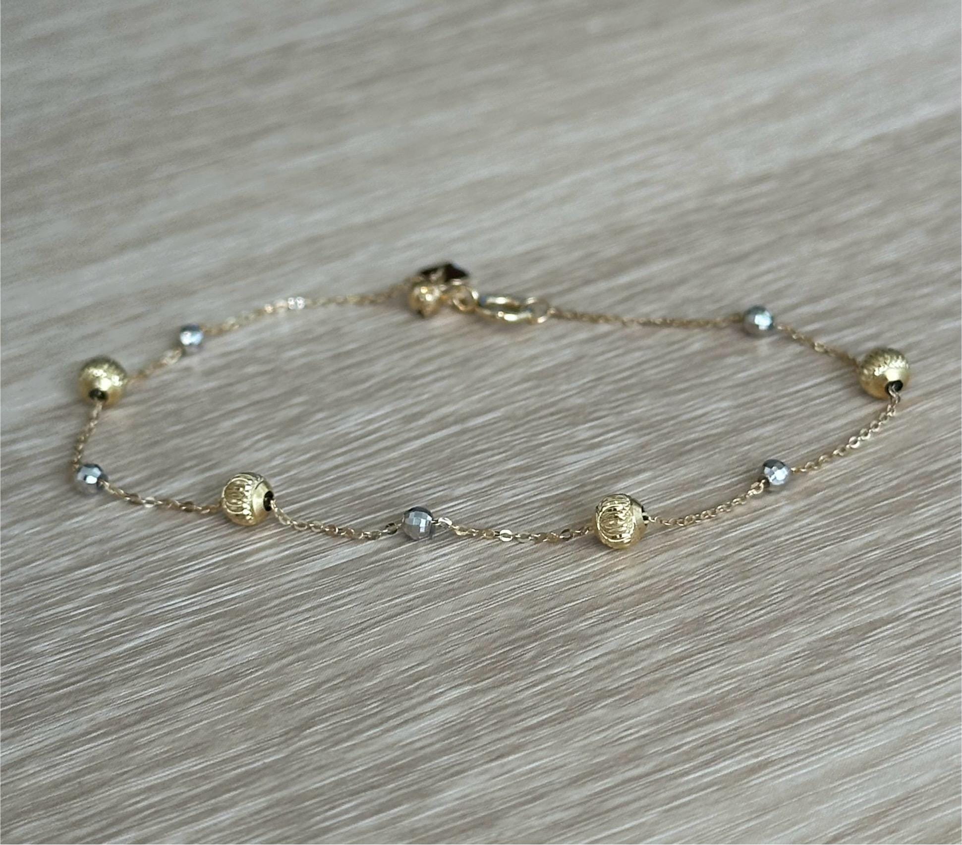 Gouden armband met ballen - 18 kt massief gouden balarmband, tweekleurige gouden kralenarmband, alledaagse gouden sieraden, chique cadeau voor vriend