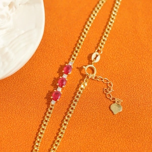 Three Stone Ruby Bracelet - 18K Solid Gold Real Ruby Diamond Bracelet, Gold Cuba Chain Bracelet, Bold Gem Jewelry, July Gift for Her
