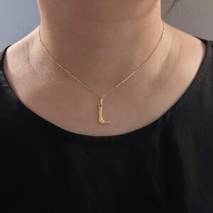 May include: A gold chain necklace with a small, abstract pendant in the shape of a leg.