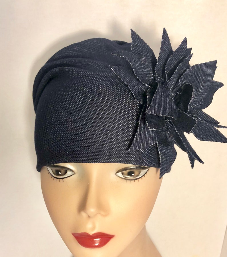 Women\u2019s Denim Hat Chemotherapy Gifts HerHat Soft Denim Knit With Exploding Flower