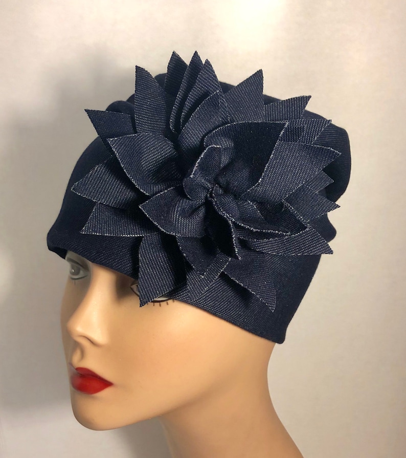 Women\u2019s Denim Hat Chemotherapy Gifts HerHat Soft Denim Knit With Exploding Flower