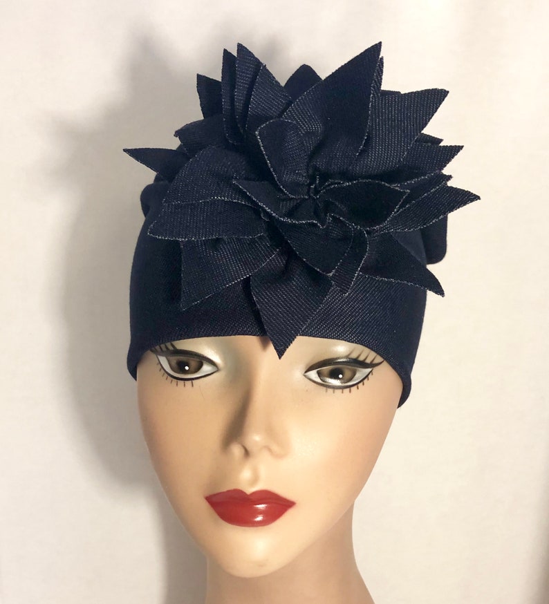 Women\u2019s Denim Hat Chemotherapy Gifts HerHat Soft Denim Knit With Exploding Flower