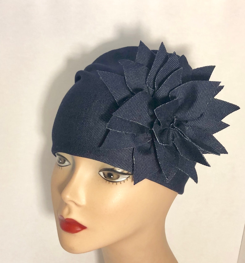 Women\u2019s Denim Hat Chemotherapy Gifts HerHat Soft Denim Knit With Exploding Flower