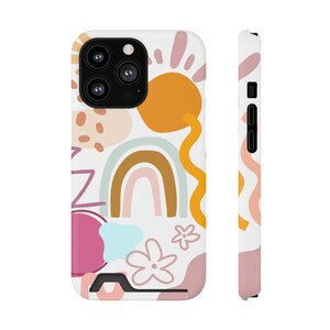 抽象的な携帯電話ケース（ピンク＋アースカラー）カード収納付き