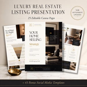 Könnte beinhalten: Ein Set aus Vorlagen für Luxus-Immobilienpräsentationen mit 25 bearbeitbaren Canva-Seiten. Das Dokument enthält Text wie Luxury Real Estate Listing Presentation, Your Home Selling Strategy und NAR Settlement Updated in einem schwarz-goldenen Farbschema.