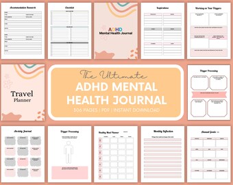 Diario di salute mentale Adhd / Diario dell'ansia / Tracciatore dell'umore / Diario del lavoro ombra / Diario della terapia / Diario del benessere / Pianificatore di cura di sé
