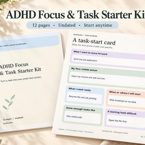 Puede incluir: Un kit de inicio ADHD Focus & Task de 12 páginas sin fecha. La portada muestra el título y un pequeño gráfico de hoja. La página interior presenta una tarjeta de inicio de tareas con secciones en colores pastel para acciones y planes.