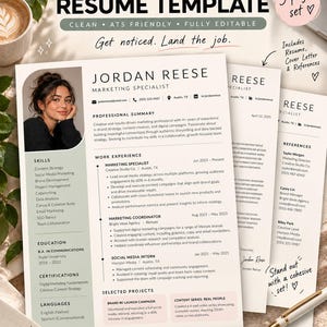 Modern Resume Template Bundle, 3 Editable Word Designs, Cover Letter and References, Sage, Peach and White, Digital Download