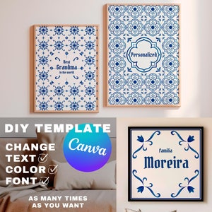 Plantilla de arte de pared de azulejos personalizados Patrón de azulejos azules portugueses Decoración de texto de Azulejo personalizada Idea de regalo para abuelos Arte de pared vintage moderno