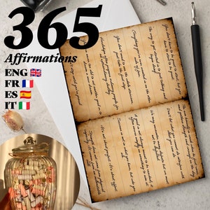 Idée cadeau 365 Affirmations imprimables Junk Journal Esprit positif 1 an Jar Pleine conscience Manifestation imprimable Affirmation Note de soins personnels