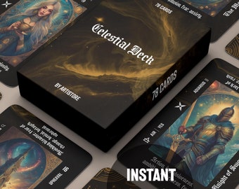 May include: A black box with gold lettering that reads "Celestial Deck 78 Cards" and "By Artistore". The box is surrounded by tarot cards with colorful illustrations and text. The cards are arranged in a circular pattern.