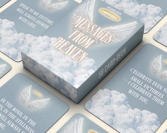 May include: A deck of 56 cards titled "Messages From Heaven" with a light blue background and cloud design. The box and cards feature angel wings and gold halos. Each card has a unique inspirational message.