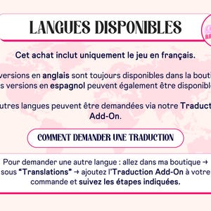 May include: A pink and white graphic with the text "LANGUES DISPONIBLES" and information about available languages, including English, Spanish, and a translation add-on. The image includes the logo for "anda ARTISTore."