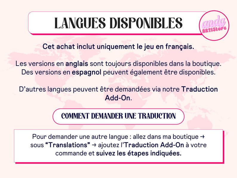May include: A pink and white graphic with the text "LANGUES DISPONIBLES" and information about available languages, including English, Spanish, and a translation add-on. The image includes the logo for "anda ARTISTore."
