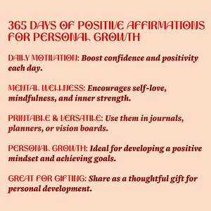 Puede incluir: Un fondo rosa con texto rojo que dice "365 d&iacute;as de afirmaciones positivas para el crecimiento personal". El texto a continuaci&oacute;n explica los beneficios de usar afirmaciones positivas, incluyendo la motivaci&oacute;n diaria, el bienestar mental, la impresi&oacute;n y la versatilidad, y el crecimiento personal. El texto tambi&eacute;n menciona que estas afirmaciones son geniales para regalar.