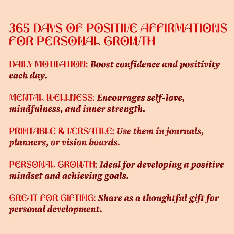 Puede incluir: Un fondo rosa con texto rojo que dice "365 d&iacute;as de afirmaciones positivas para el crecimiento personal". El texto a continuaci&oacute;n explica los beneficios de usar afirmaciones positivas, incluyendo la motivaci&oacute;n diaria, el bienestar mental, la impresi&oacute;n y la versatilidad, y el crecimiento personal. El texto tambi&eacute;n menciona que estas afirmaciones son geniales para regalar.