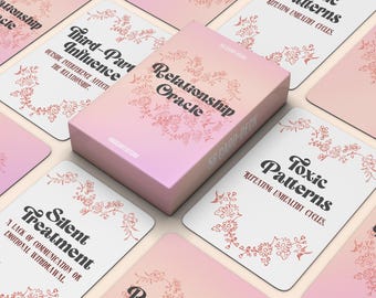 May include: A pink and white Relationship Oracle card deck with 56 cards. The box and cards feature floral designs and text such as "Relationship Oracle", "Toxic Patterns", and "Silent Treatment". The deck is designed to help with relationship issues.