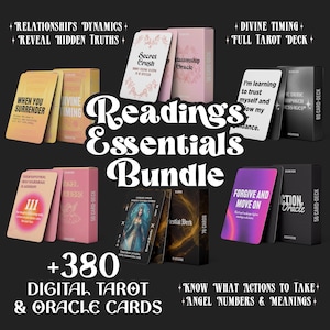 May include: An assortment of tarot and oracle card decks, including "Secret Crush" and "Celestial Deck." The image displays various card decks and boxes, with text such as "Readings Essentials Bundle" and "+380 Digital Tarot & Oracle Cards."