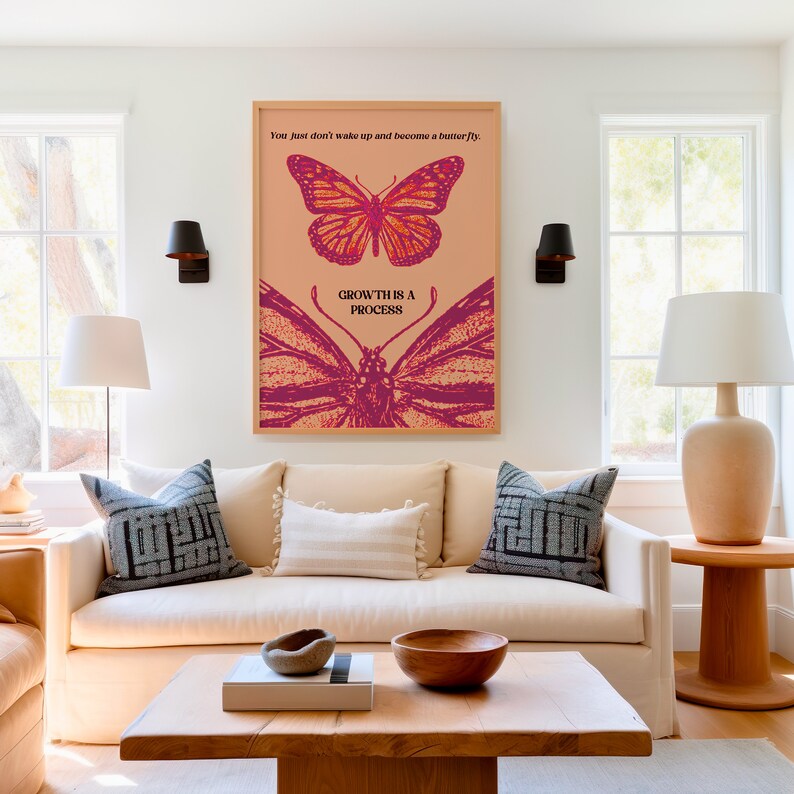 High-resolution digital download
Beautiful butterfly transformation illustration
Inspirational quote: "Growth is a Process"
Perfect for home, office, or classroom decor
Available in multiple sizes for various framing options