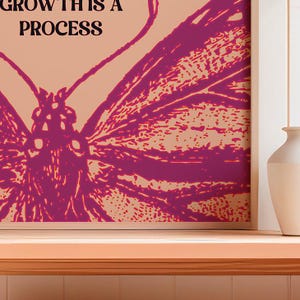 May include: A pink butterfly with a peach background and the text "GROWTH IS A PROCESS" in black.