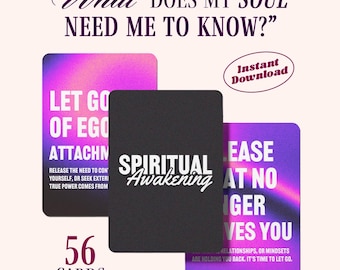 May include: A set of 56 cards titled What Does My Soul Need Me To Know? featuring a black card with the text Spiritual Awakening in white, alongside two purple and pink gradient cards with white text including Let Go Of Ego Attachments.