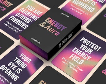 May include: A black box set of "Energy & Aura" 56 card-deck with a gradient pink and purple design. The cards feature phrases like "Protect Your Energy Field" and "Your Third Eye Is Opening". The box and cards have the text "ANDGARTISTORE".