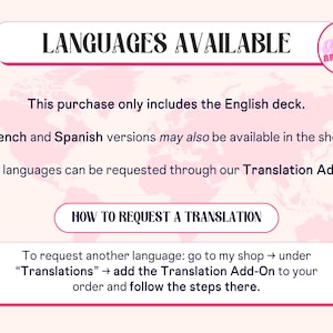 May include: A pink graphic with the text "LANGUAGES AVAILABLE" and a shop logo. The text explains that the English deck is included, with French and Spanish versions possibly available. Other languages can be requested via a Translation Add-On.