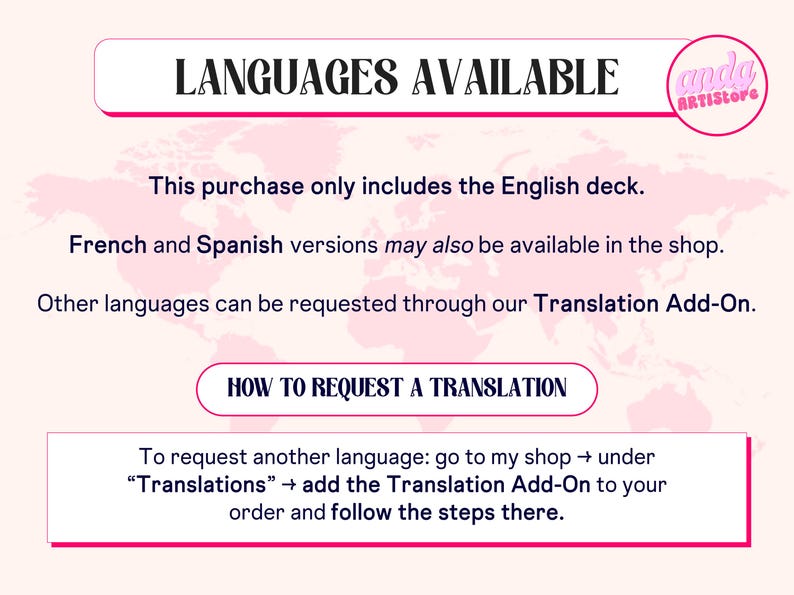 May include: A pink graphic with the text "LANGUAGES AVAILABLE" and a shop logo. The text explains that the English deck is included, with French and Spanish versions possibly available. Other languages can be requested via a Translation Add-On.