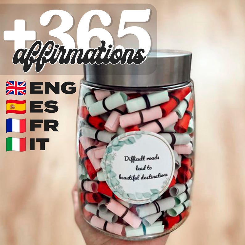 Wellness and mindfulness printable affirmations
Positive quotes jar with colorful affirmations
Enchanted Positivity Jar setup with printed affirmations