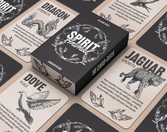 May include: A black box set of "Spirit Animal" 56-card deck with a white floral design and text. The cards feature animal illustrations and keywords like "Dragon", "Jaguar", and "Dove". The deck is designed for guidance and self-reflection.